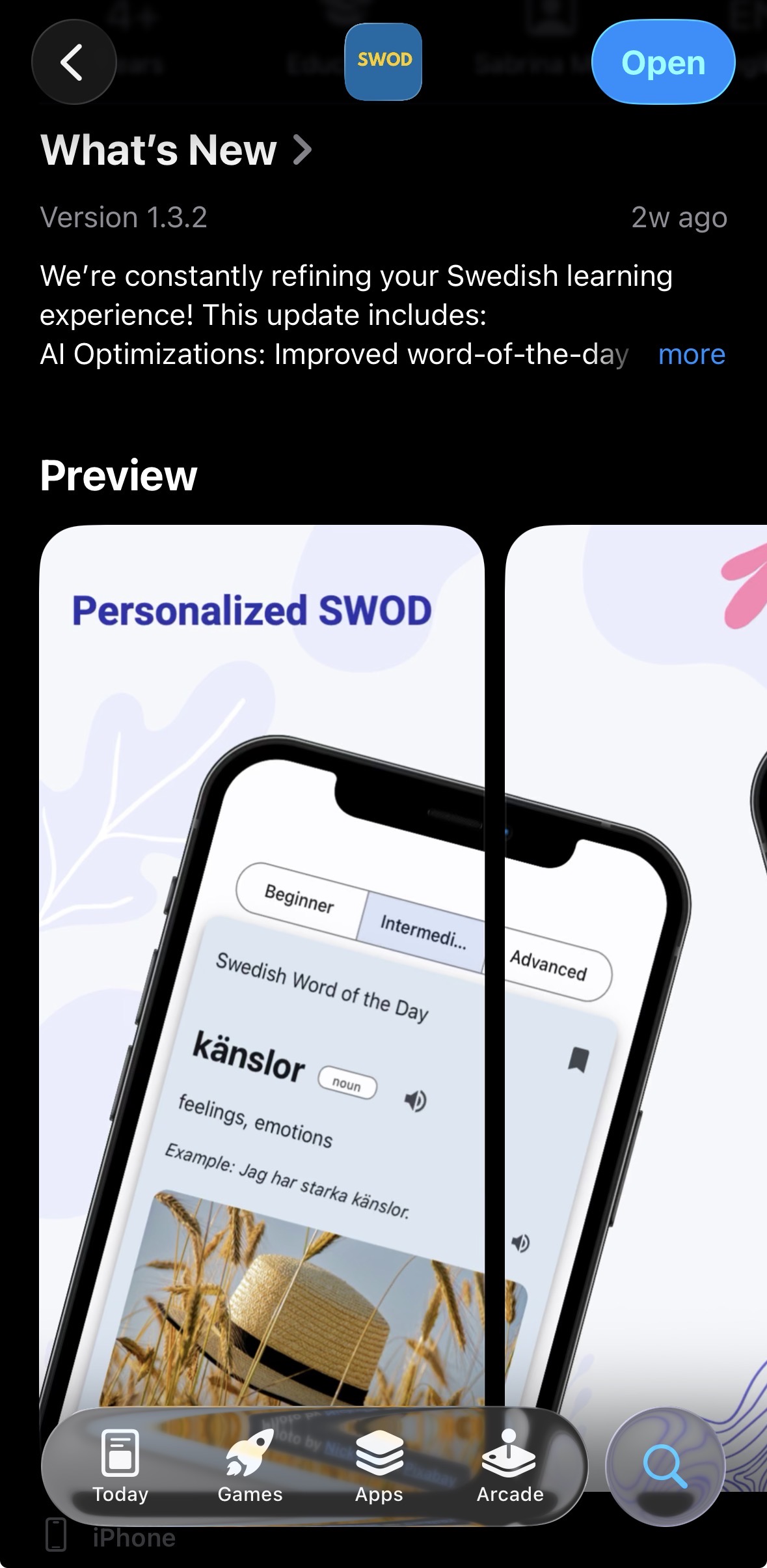 SWOD app showing the Swedish word of the day
